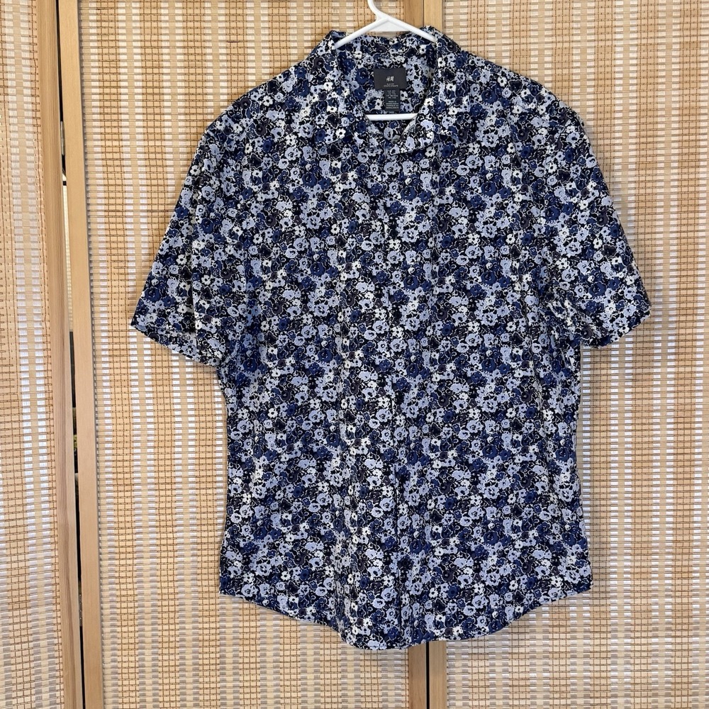 H&M Mens 2X Shirt Blue White Floral Slim Fit Coupe‎ Etroite Classic Button-Up